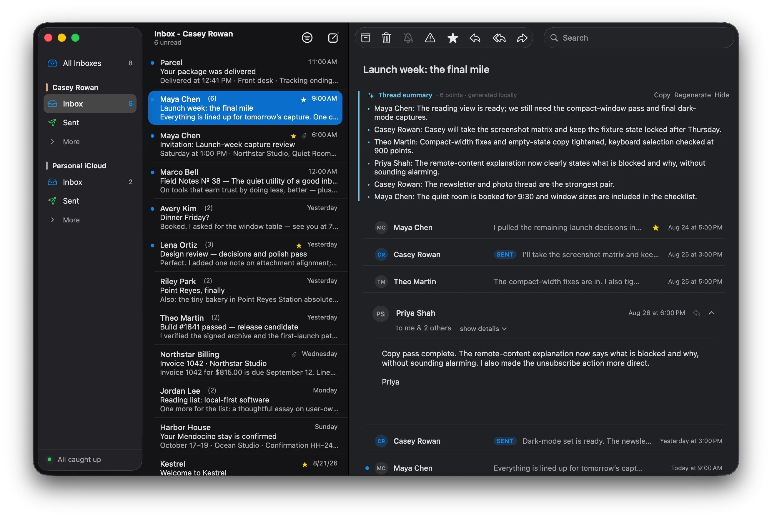 Kestrel Mail in dark appearance showing a six-message conversation and its locally generated, sender-attributed thread summary.