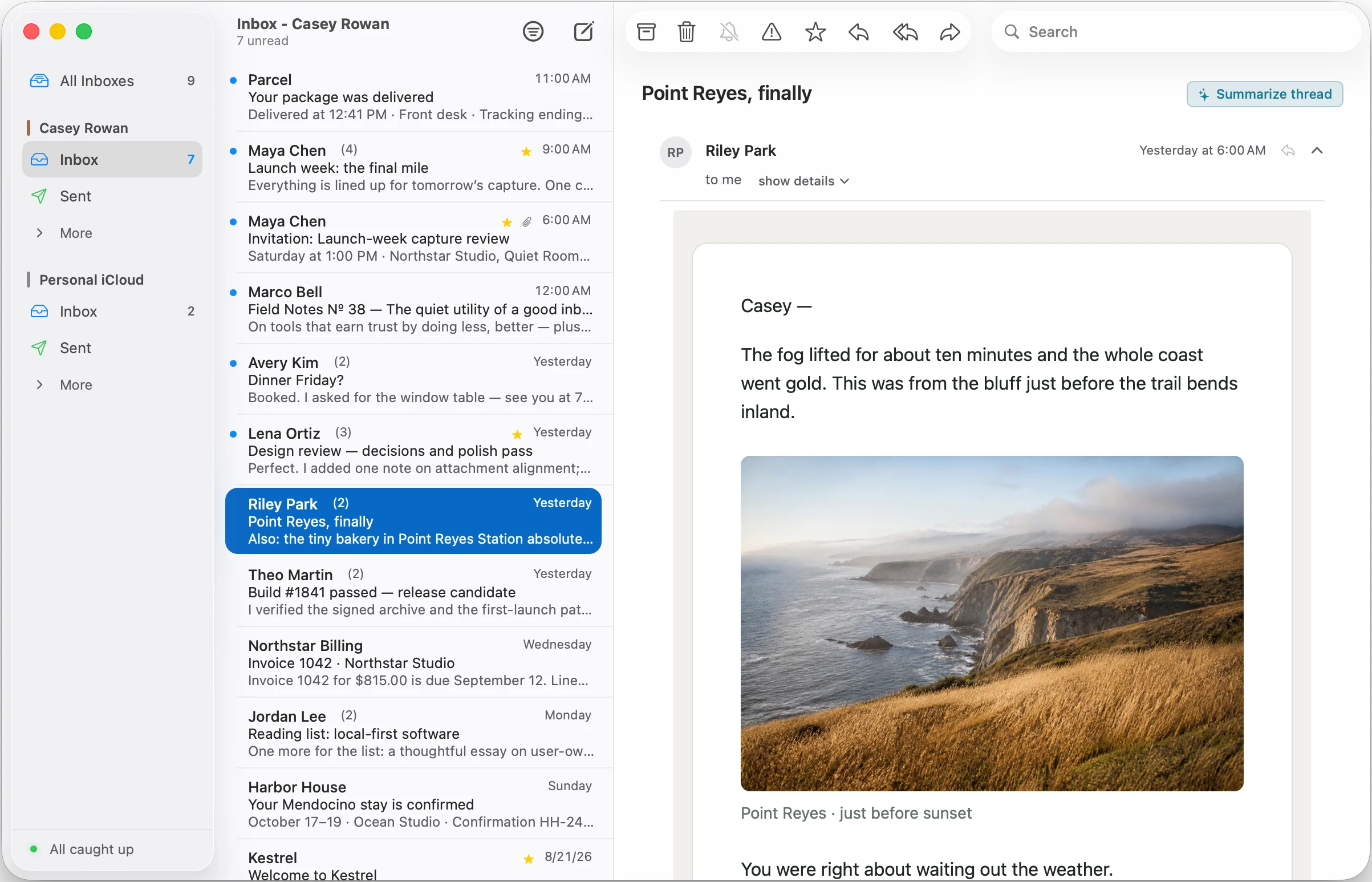 Kestrel Mail showing an inbox and an open conversation with a coastal photograph.
