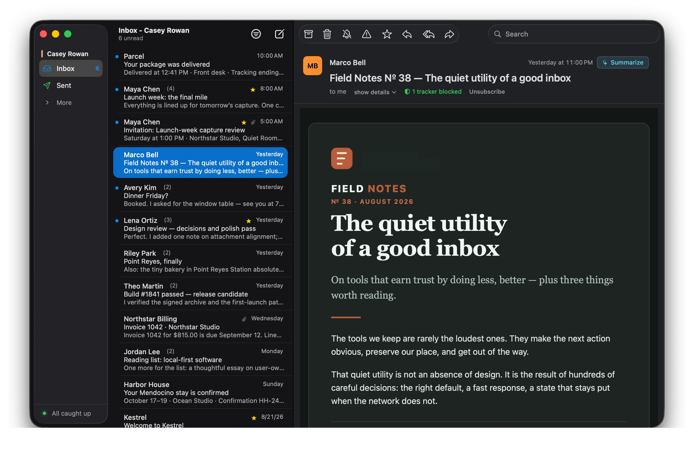 Kestrel Mail in dark appearance rendering a Field Notes newsletter with one tracker blocked.