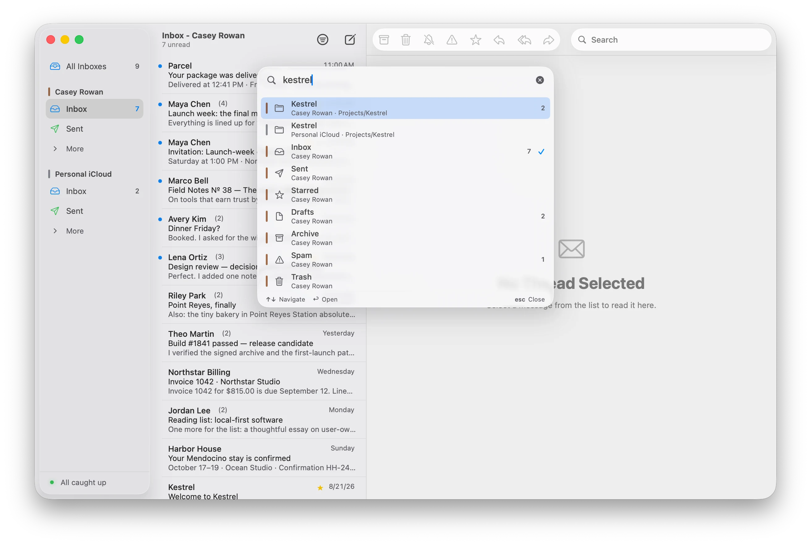 Kestrel Mail showing the Quick Navigation overlay filtered to matching mailboxes across two accounts.